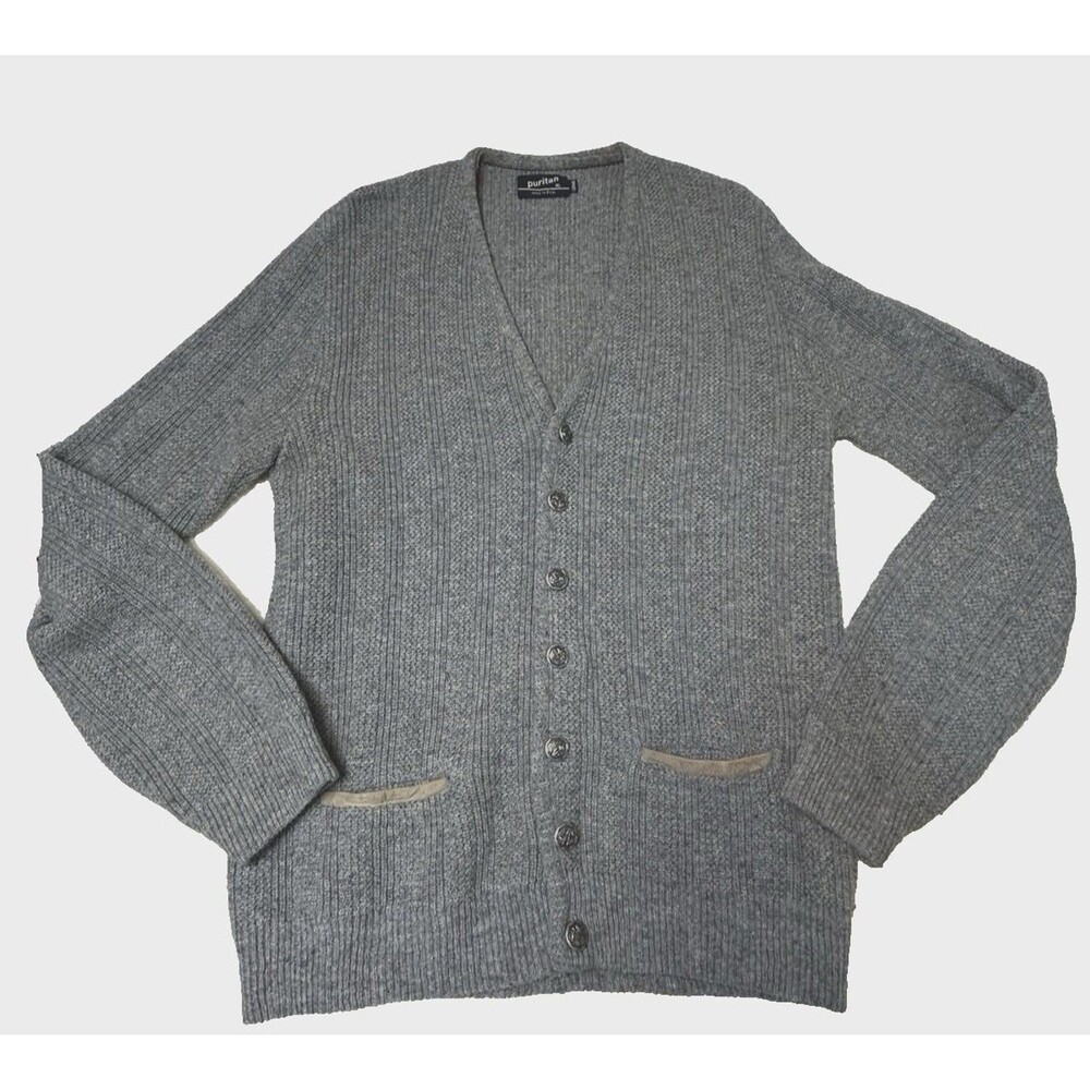 VTG Puritan Men's XL Long Gray Cardigan Sweater Suede Trim Pockets Wool Blend